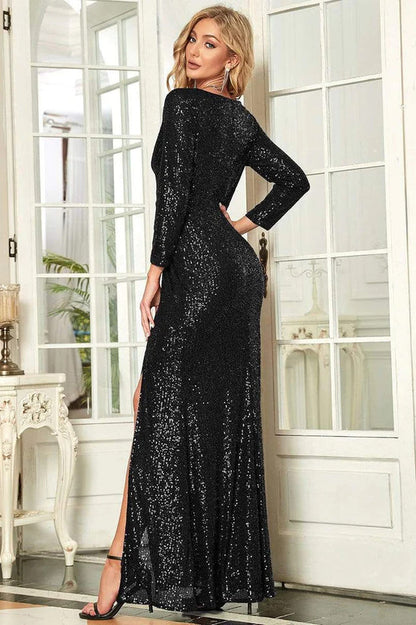 Deep V Wrap Front Long Sleeve Sequin High Split Maxi Gown