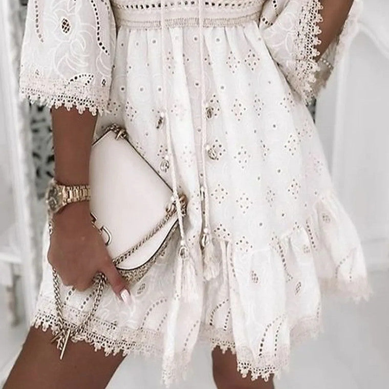 Eyelet Lace Tassel Tie Scalloped Trim Tiered Ruffle Mini Dress