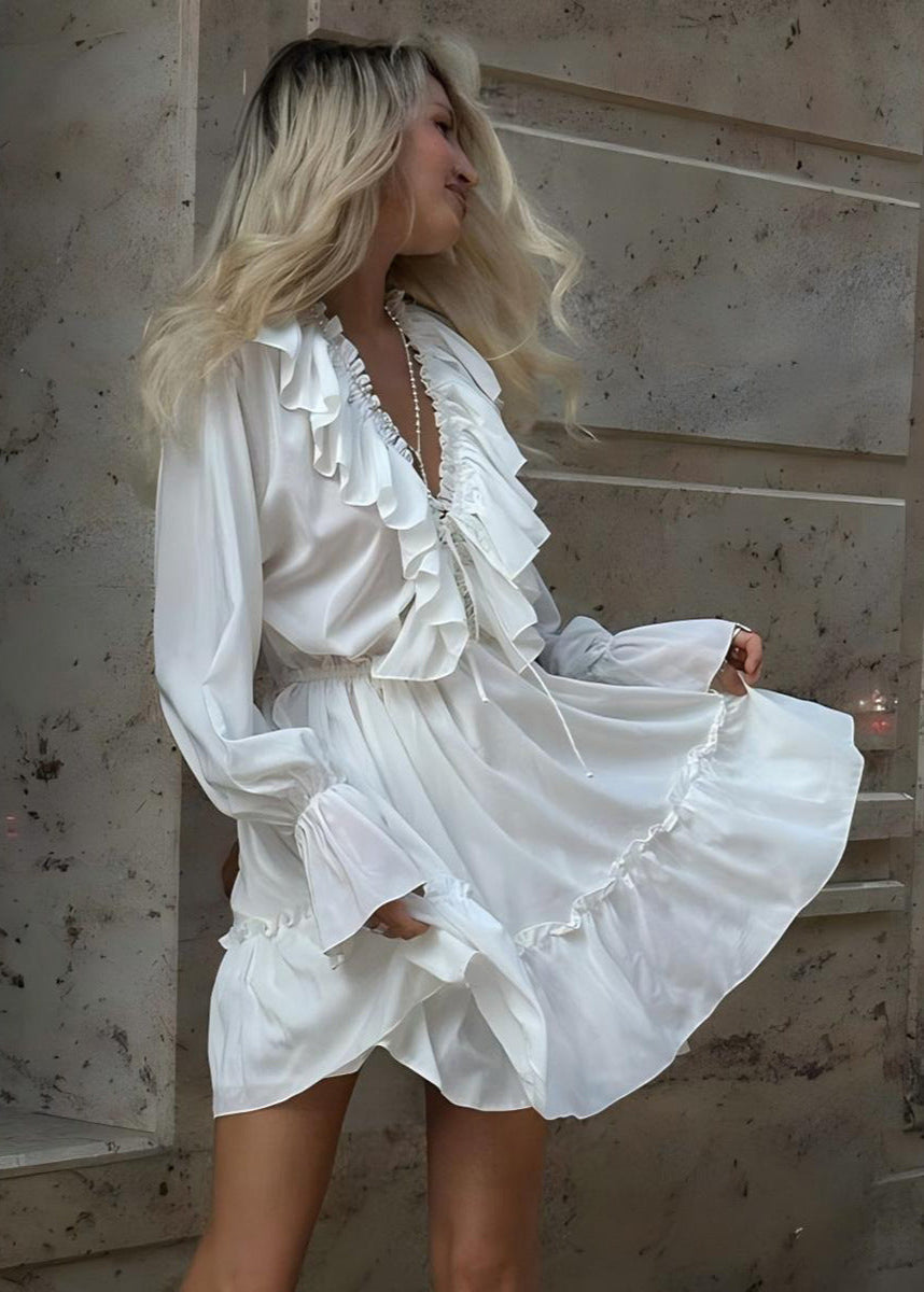 Deep V Ruffle Trim Long Sleeve Tiered Mini Dress