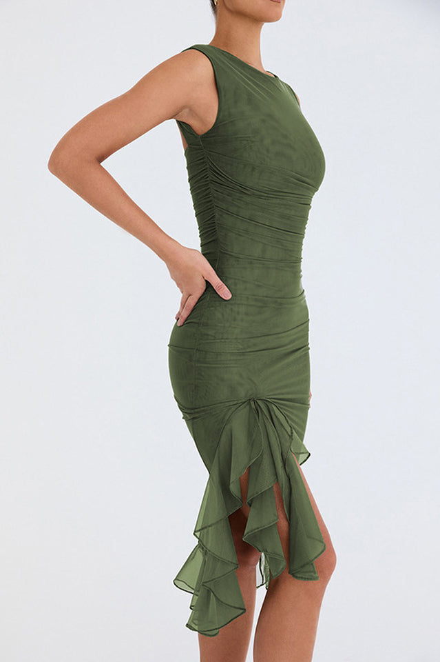 Crew Neck Ruched Mesh Bodycon Asymmetric Ruffle Hem Side Slit Midi Dress