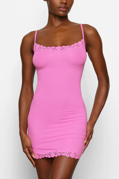 Scoop Neck Lace Trim Spaghetti Strap Bodycon Slip Mini Dress
