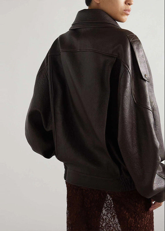| Women's Belted Oversized Leather Bomber Jacket