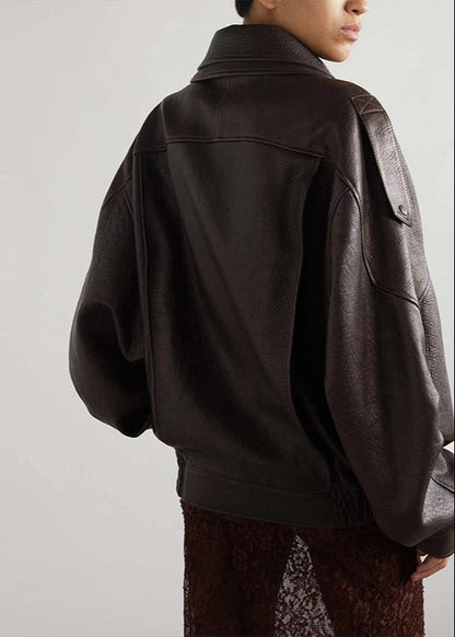 | Women's Belted Oversized Leather Bomber Jacket