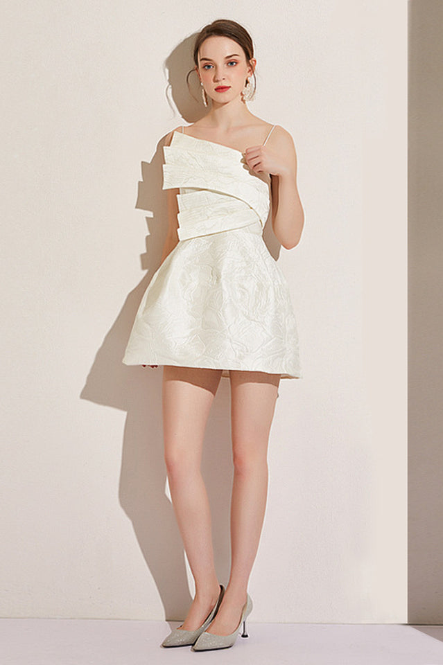 Jacquard Brocade Asymmetrical Pleated Overlay Spaghetti Strap Mini Dress