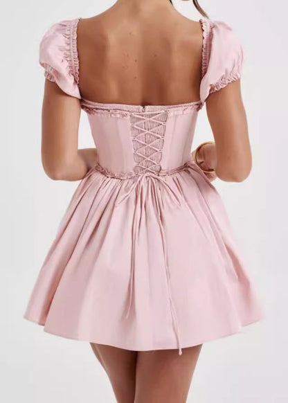 Off Shoulder Puff Sleeve Corset Boned Bodice Ruffle Trim Fit and Flare Mini Dress