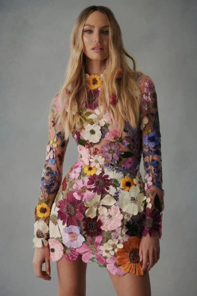 Mock Neck Long Sleeve 3D Floral Applique Mesh Overlay Bodycon Mini Dress