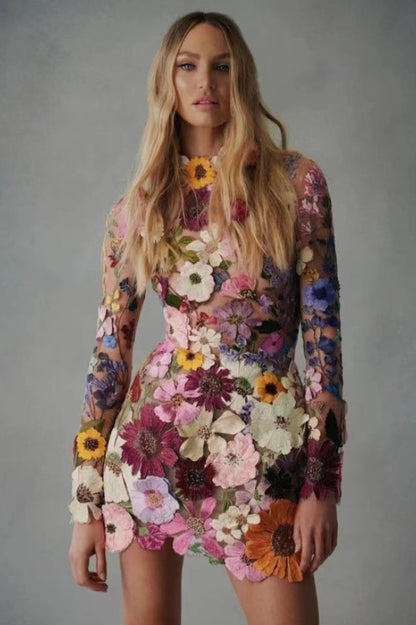Mock Neck Long Sleeve 3D Floral Applique Mesh Overlay Bodycon Mini Dress