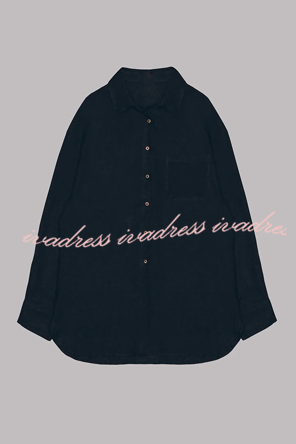 Go To The Beach Linen Blend Pocketed Long Sleeve Oversized Shirt