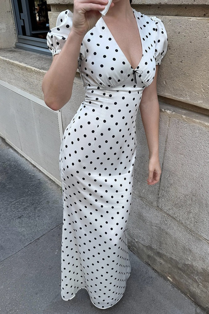 Polka Dot Print Puff Sleeve Tie-Front Deep V-Neck Bodycon Maxi Dress