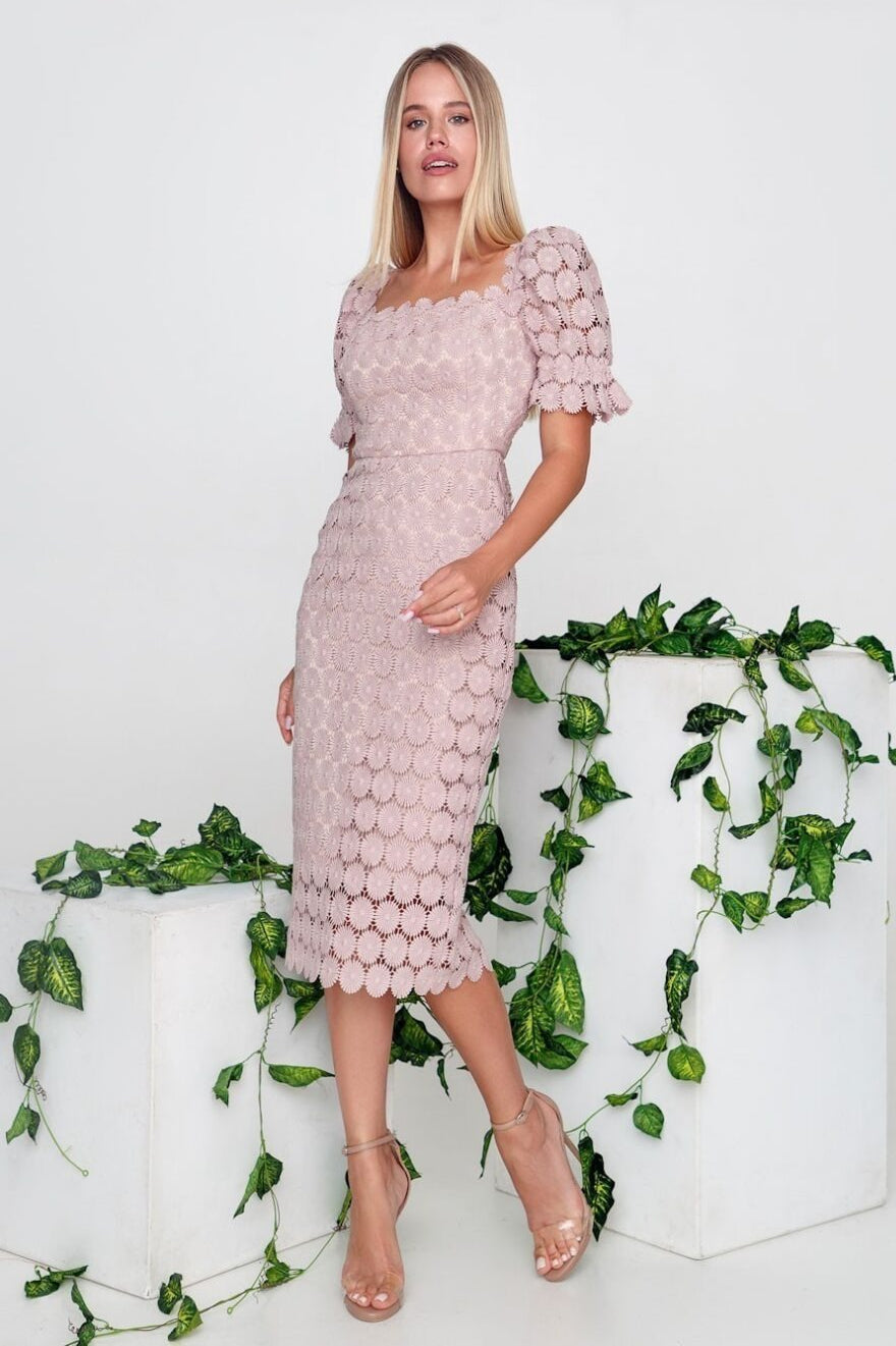 Floral Lace Square Neck Puff Sleeve Scalloped Hem Bodycon Midi Dress