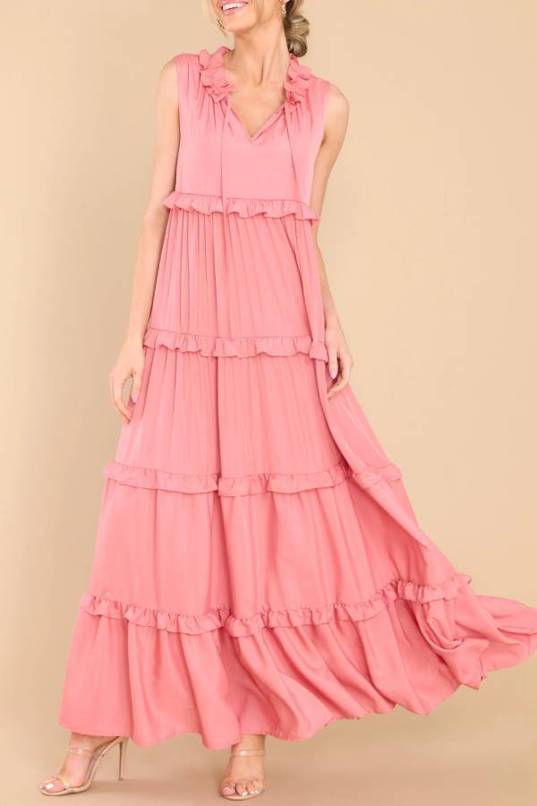 Ruffle Collar V-Neck Tie Strap Tiered Floor-Length Maxi Dress