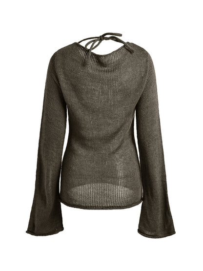 Solid Color Backless Lace Up Long Sleeve Knit