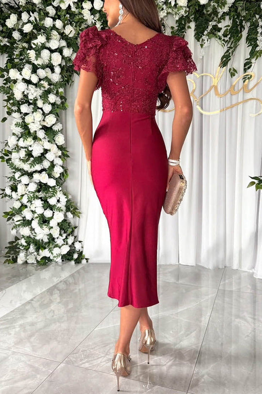 Sequin Lace Flutter Sleeve Deep V-Neck Ruched Satin Midi Dress