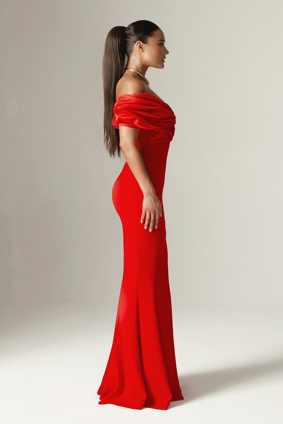 Off Shoulder Satin Ruffle Tiered Bodice High Slit Column Maxi Dress