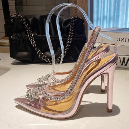 Clear Rhinestone Women Sandals Pumps with Hollow Out Slingbacks and High Heels