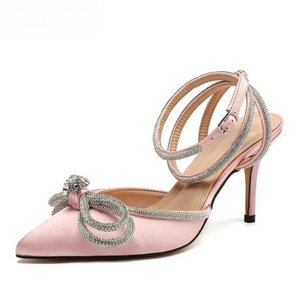 Glitter Rhinestones Silk Women Pumps with Crystal Bowknot - Spring Autumn Lady High Heels