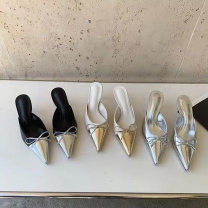 Spring Pointed Toe Women Slipper with Butterfly-knot Detail and Shallow Slip On Style