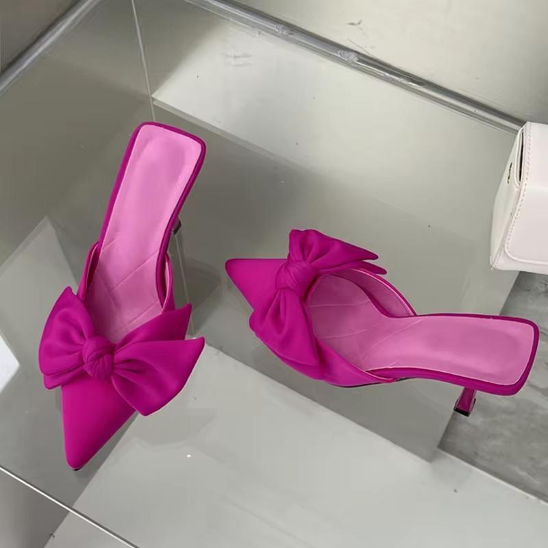 Autumn Big Butterfly-knot Women Slippers Sandals Pointed Toe Mules Stripper High Heel