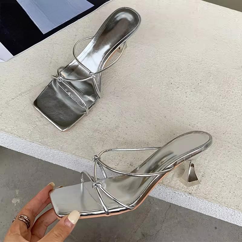 Summer Gold Slipper Low Heel Slides Peep Toe Sandal with Square Heel