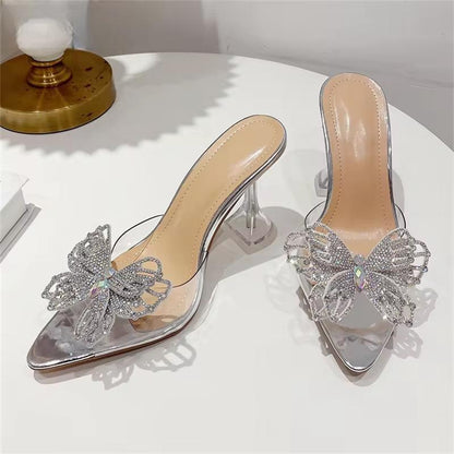 Crystal Bowknot Women Slippers with Sexy Pointed Toe and Strange Heels