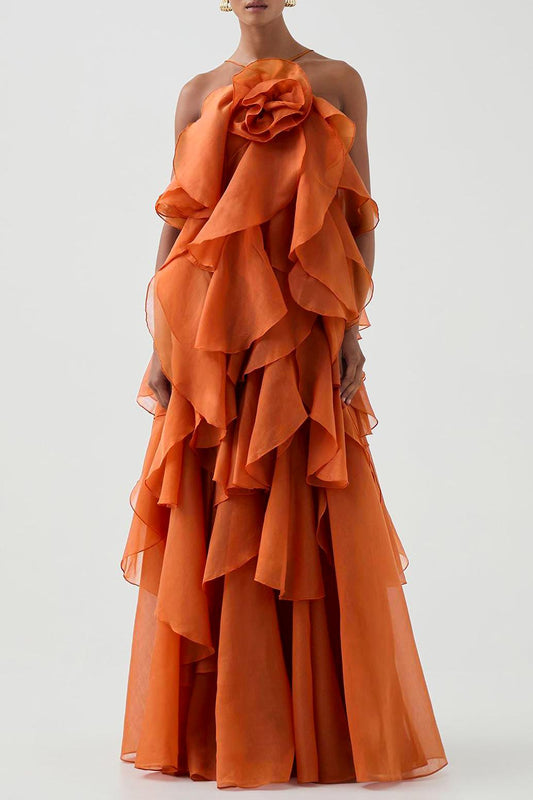 3D Flower Halter Neck Frill Maxi Dress