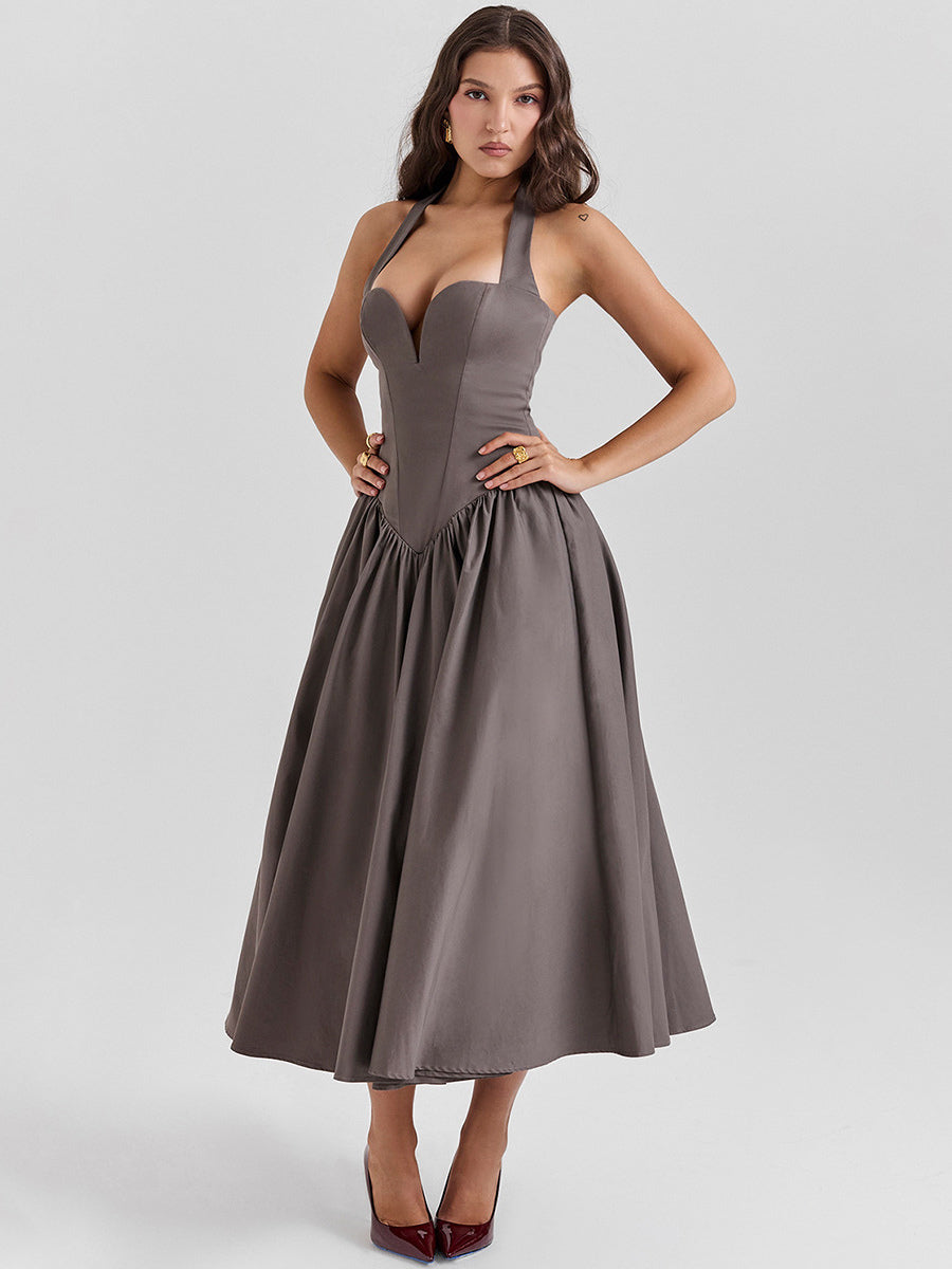 Corset Dress Halter Wide Strap Backless Party Midi Dresses In Solid Color