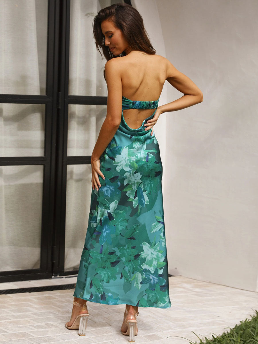 Floral Print Fashionable Dress Bateau Neck Sleeveless Midi Dress