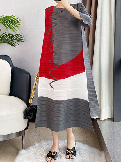 Loose Three-Quarter Sleeves Contrast Color Pleated Printed Round-Neck Midi Dresses