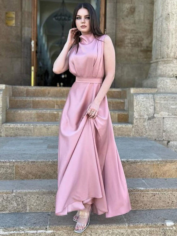 Sleeveless Dress Belted Pleated Prom Maxi Dresses In Solid Color