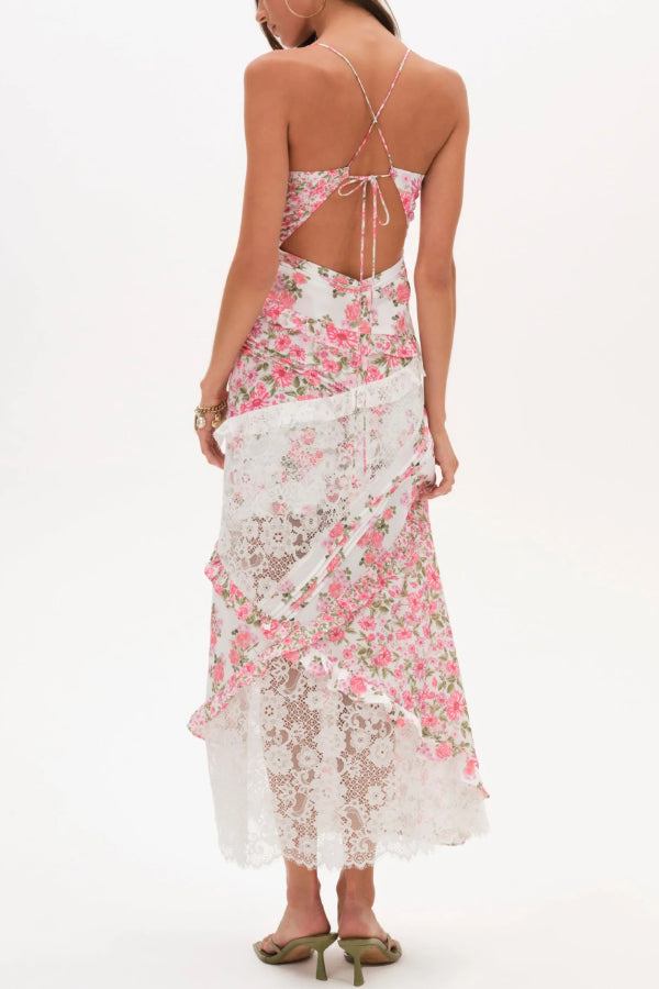 Fashionable Floral Print Lace Patchwork Hollow-out Slim Fit Vacation Ruffle Maxi Dress