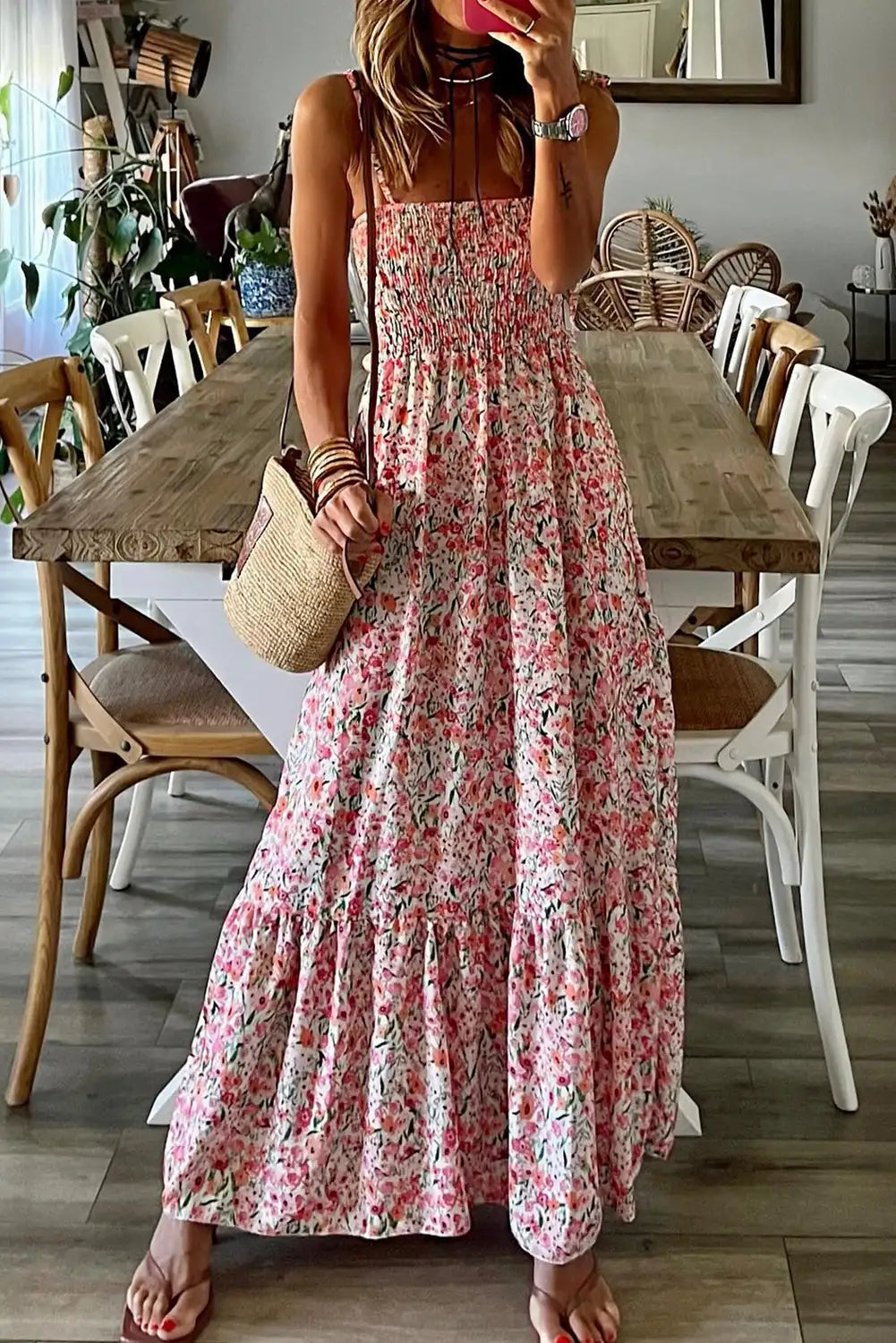 boho floral smocked maxi dress