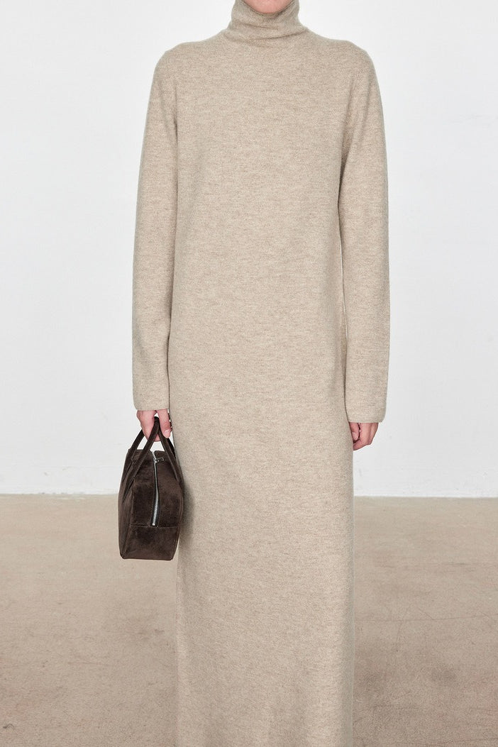 Turtleneck Long Sleeve Column Belted Knit Maxi Dress