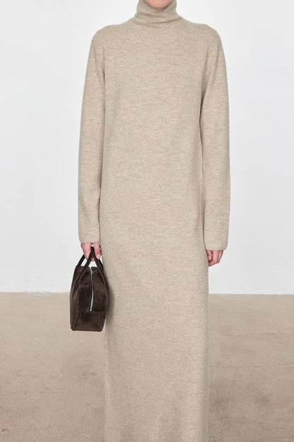 Turtleneck Long Sleeve Column Belted Knit Maxi Dress