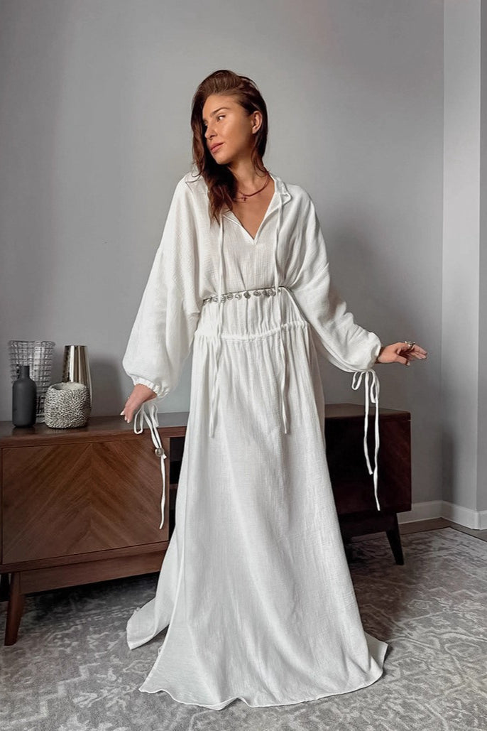 | Cotton Cutout Tie Waist Long Sleeve Maxi Dress