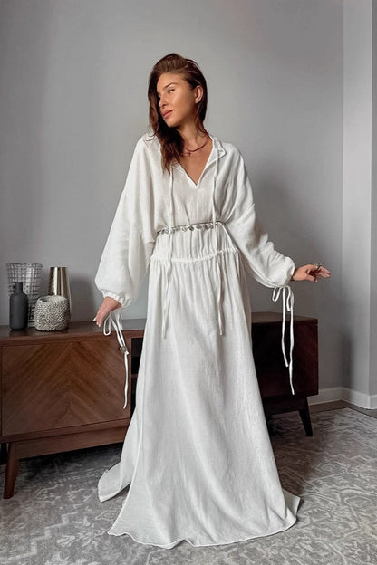 | Cotton Cutout Tie Waist Long Sleeve Maxi Dress