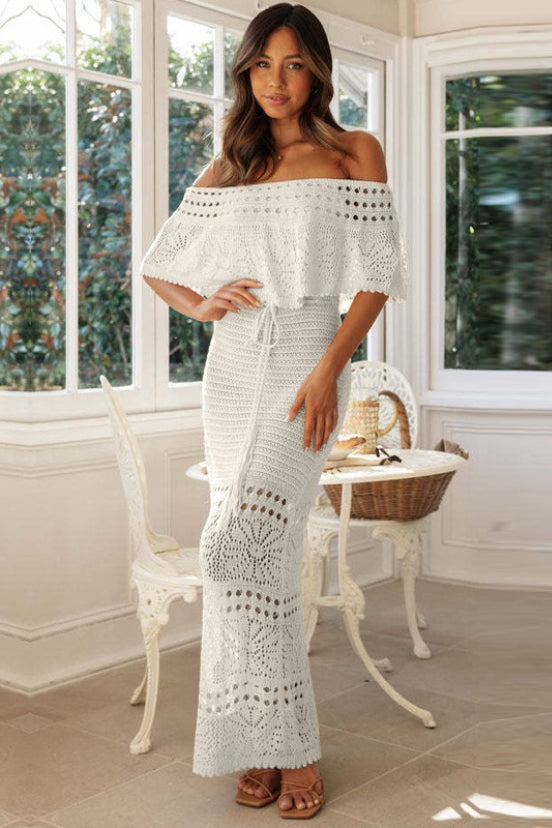 Crochet Off Shoulder Ruffle Flounce Drawstring Waist Knit Maxi Dress