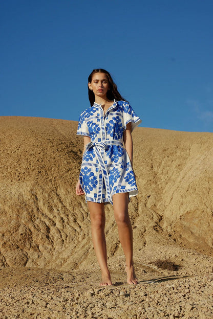 Printed Tie Waist Short Sleeve Mini Dress