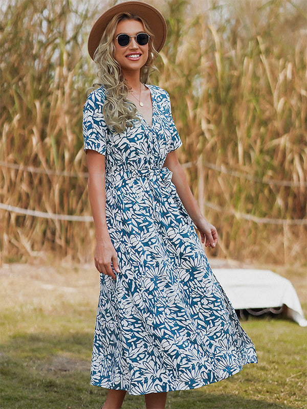 Floral Dress Printed Sash V-Neck Short Sleeves Chic Spring Midi Dresses