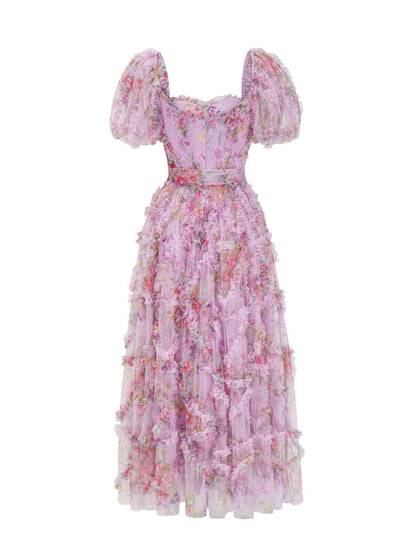 Floral Dress Floral Print Puff Sleeves Belted Sweet Party Prom Maxi Dresses