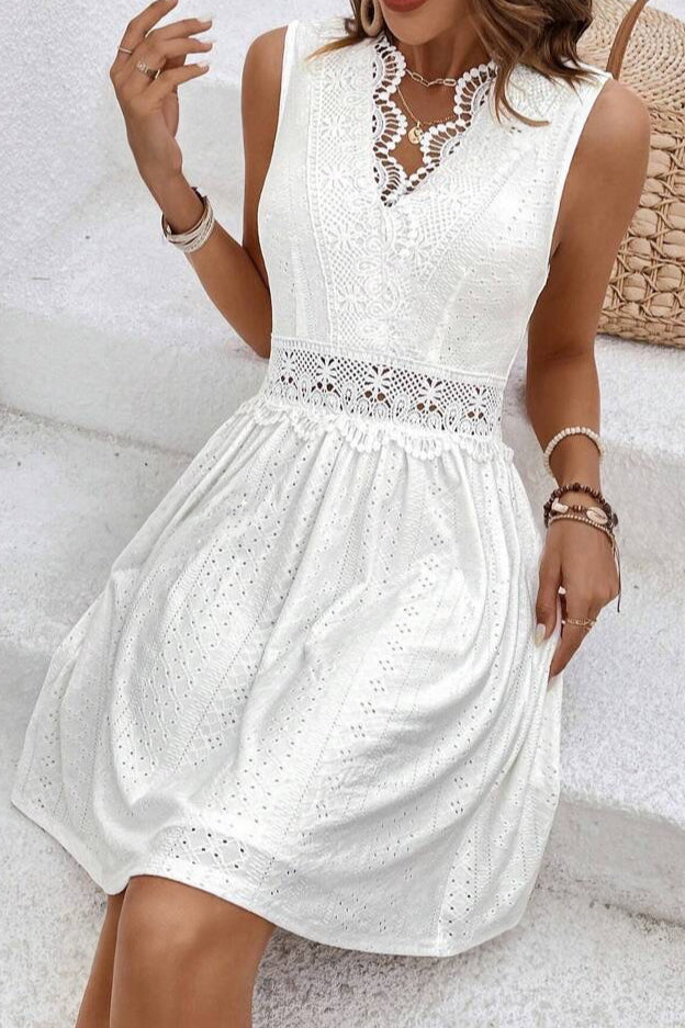 Sleeveless V-Neck Crochet Lace Waistband Eyelet Panel A-Line Mini Dress
