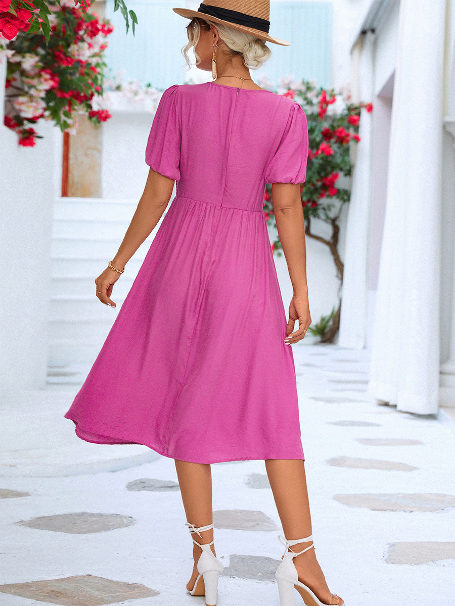 Pleated Casual V-Neck Short Sleeves Midi Dress