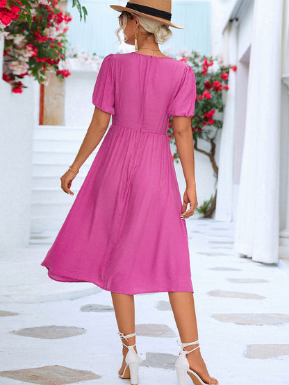 Pleated Casual V-Neck Short Sleeves Midi Dress