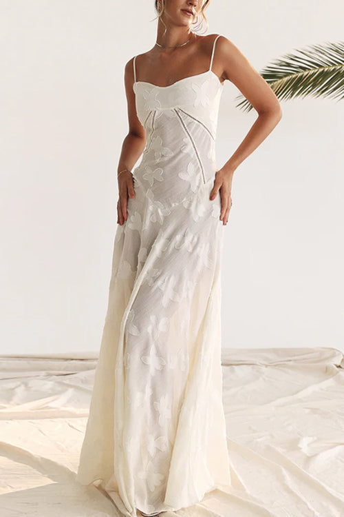 Spaghetti Strap Back Lace-up Applique Flower Lace Maxi Dress