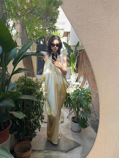 French Chic Tie-Dye Maxi Dress – Elegant Ruched Slip Dress for Summer Beach Getaway