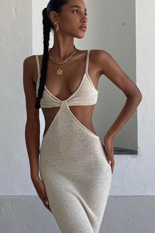 Cutout Waist Twist Front Ribbed Knit Spaghetti Strap Maxi Dress