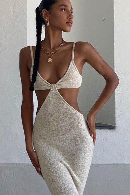 Cutout Waist Twist Front Ribbed Knit Spaghetti Strap Maxi Dress