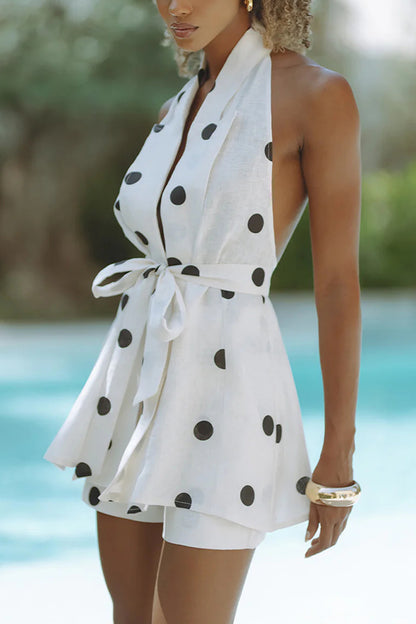 Gabby Linen Blend Polka Dot Tie-up Lapel Halter Vest and Metal Ring Belt Loose Shorts Set