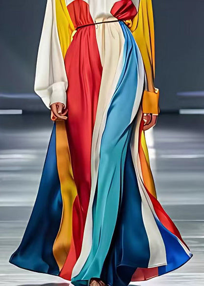 French Beige V Neck Tie Waist Silk Maxi Dresses Long Sleeve