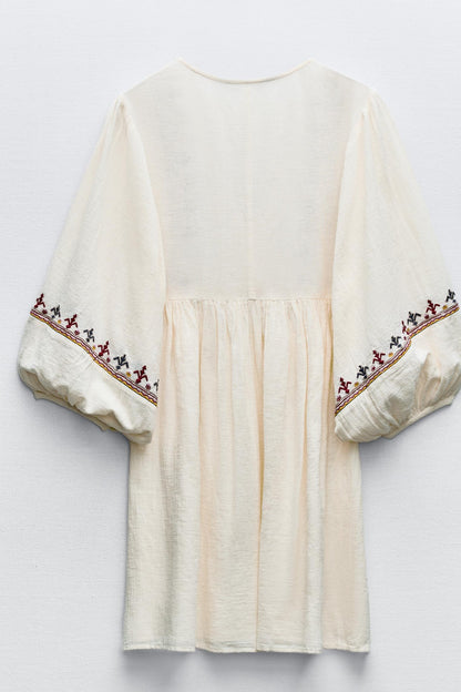 V-Neck Lantern Sleeve Embroidered Mini Dress