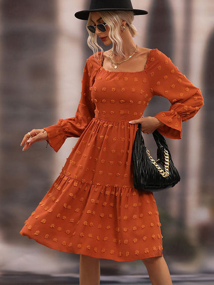 Chiffon Casual Square Neck Long Sleeves Midi Dress